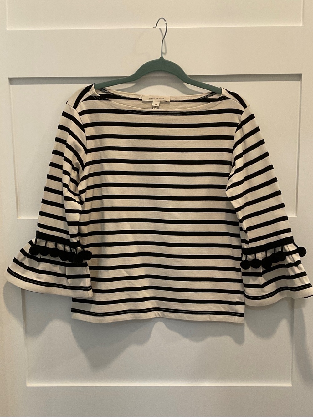 Marc Jacobs Black & White Striped Pom-Pom Bell Sleeve Top